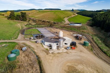 Aerial view of a 40 bale dairy shed complex on a undulating dairy farm in the South Canterbury region. Photo: Van Leeuwen Dairy Group Aerial view of a 40 bale dairy shed complex on a undulating dairy farm in the South Canterbury region. Photo: Van Leeuwen Dairy Group