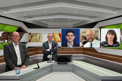 The line-up of the webinar of May 12, with from left to right Johan den Hartog, GMP+ International; Vincent ter Beek, Misset; Michael Magdovitz, Rabobank; Mark McHugh, AB Agri; and Susanne Fromwald, Donau Soja. - Photo: Company Webcast The line-up of the webinar of May 12, with from left to right Johan den Hartog, GMP+ International; Vincent ter Beek, Misset; Michael Magdovitz, Rabobank; Mark McHugh, AB Agri; and Susanne Fromwald, Donau Soja. - Photo: Company Webcast