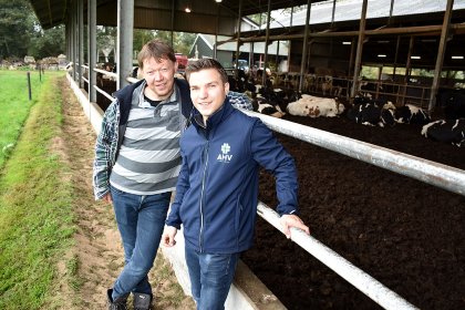 Wim Lubbersen, left, with his son Kevin at the woodchip pen. Photo: Chris McCullough Wim Lubbersen, left, with his son Kevin at the woodchip pen. Photo: Chris McCullough