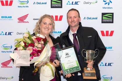 Ann and Scott Henderson with their sharemilker award. Photo: Chris McCullough Ann and Scott Henderson with their sharemilker award. Photo: Chris McCullough
