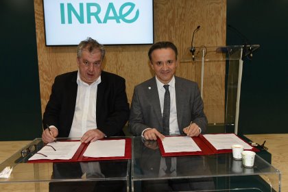 Philippe Mauguin, president and CEO of INRAE (right) and Hervé Balusson, CEO of Olmix group (left), signed a first framework agreement. Photo: Olmix Philippe Mauguin, president and CEO of INRAE (right) and Hervé Balusson, CEO of Olmix group (left), signed a first framework agreement. Photo: Olmix