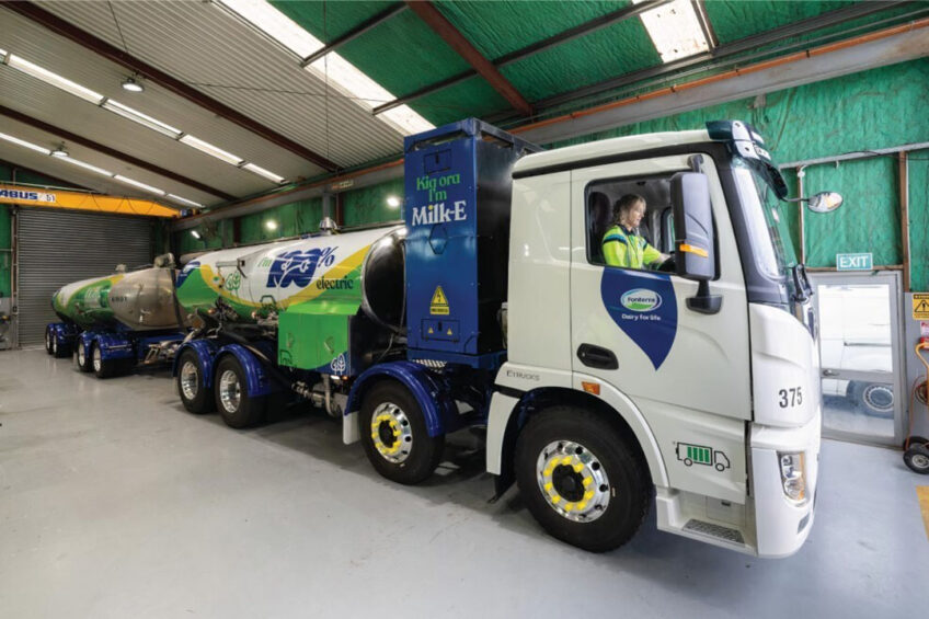 Fonterra says the Milk-E is the first fully electric milk tanker in New Zealand, and might be the first in the world. Photo: Fonterra