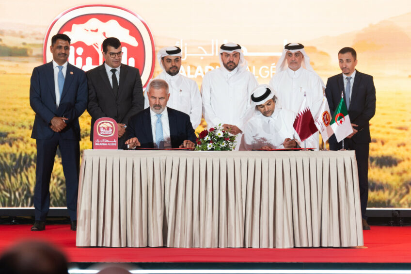 GEA CEO Stefan Klebert (left) and Ali Al-Ali, chairman of Baladna Algeria, at the contract signing ceremony for the world’s largest integrated dairy facility. Photo: Baladna / GEA